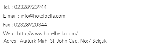 Bella Hotel telefon numaralar, faks, e-mail, posta adresi ve iletiim bilgileri